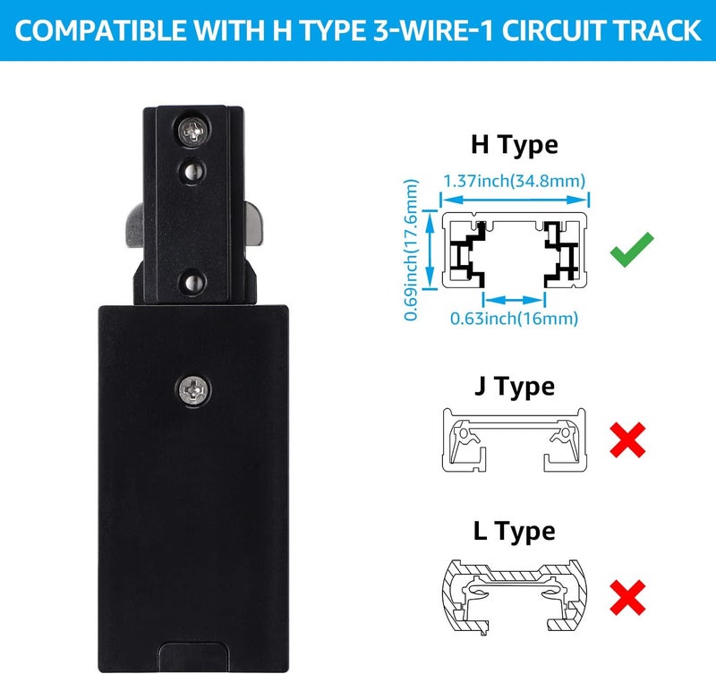 LEONLITE H Track Live End Feed Connector, H Type Single Circuit 3-Wire-1 Track Lighting Kit, UL Listed, Flame Retardant Material, for H Track System, Black - Image 2